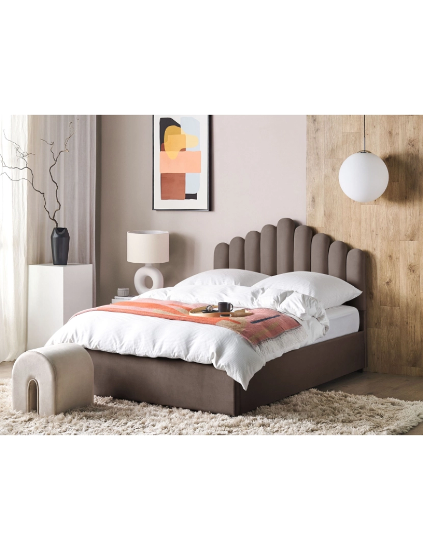 imagem de Cama de casal com arrumação em veludo taupe 140 x 200 cm VINCENNES1