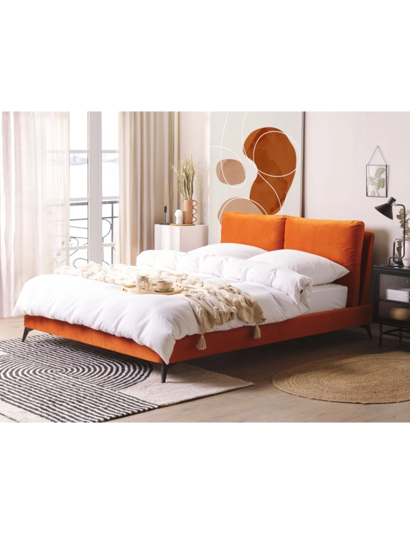 imagem de Cama de casal em veludo laranja 160 x 200 cm MELLE1