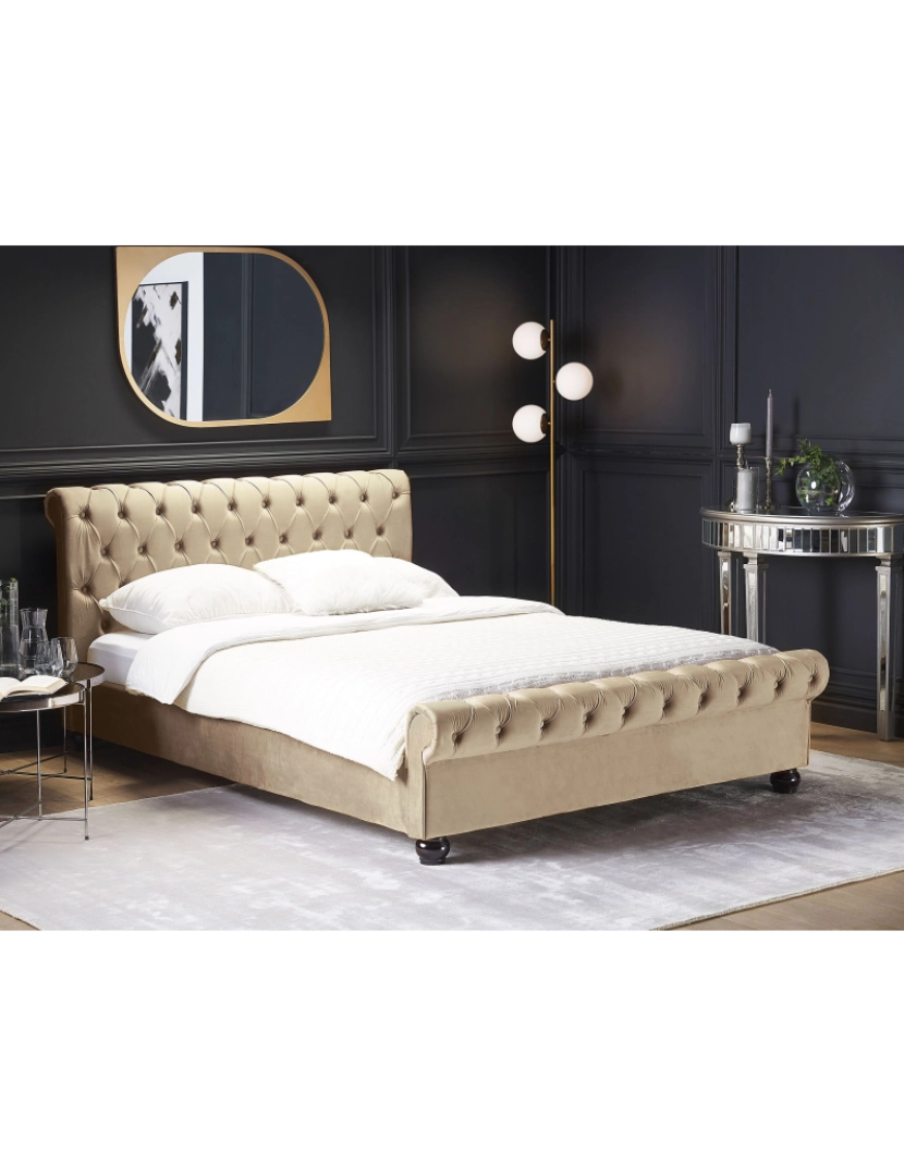 Beliani - Cama de casal de água em veludo creme 160 x 200 cm AVALLON