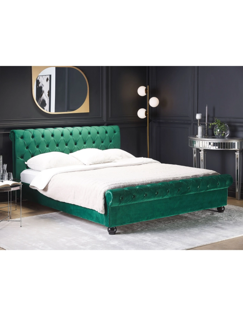 Beliani - Cama de casal de água em veludo verde esmeralda 180 x 200 cm AVALLON