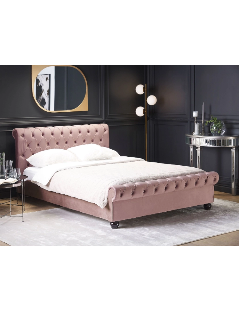 Beliani - Cama de casal de água em veludo rosa 160 x 200 cm AVALLON