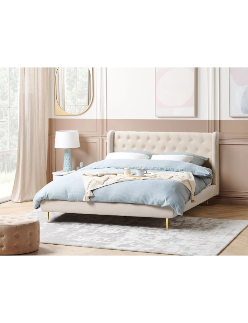 Beliani - Cama de casal em veludo creme 180 x 200 cm FORBACH