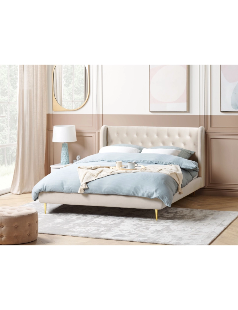 Beliani - Cama de casal em veludo creme 160 x 200 cm FORBACH