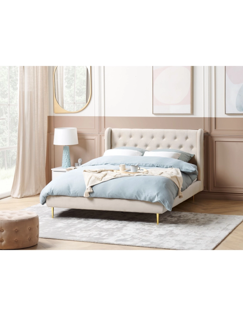 Beliani - Cama de casal em veludo creme 140 x 200 cm FORBACH