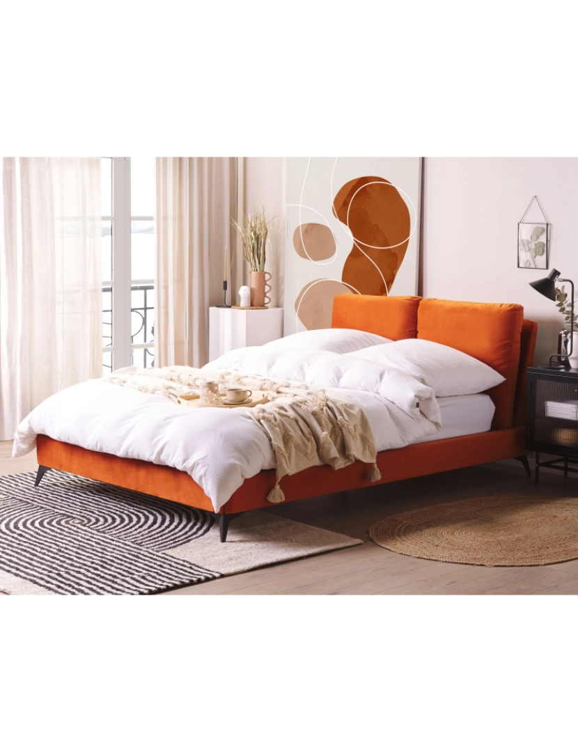 Beliani - Cama de casal em veludo laranja 140 x 200 cm MELLE