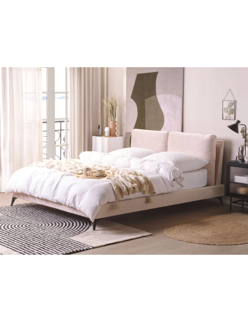 Beliani - Cama de casal em veludo rosa 160 x 200 cm MELLE