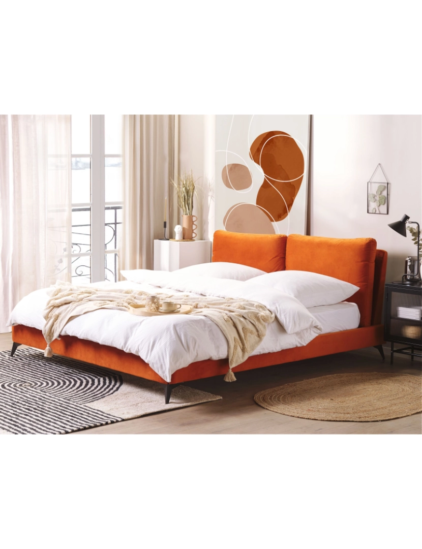 Beliani - Cama de casal em veludo laranja 180 x 200 cm MELLE