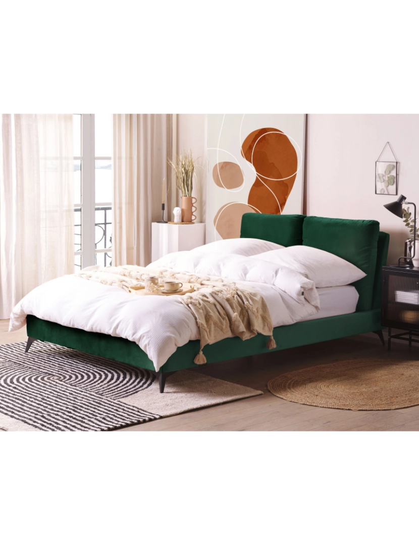 imagem de Cama de casal em veludo verde esmeralda 140 x 200 cm MELLE1