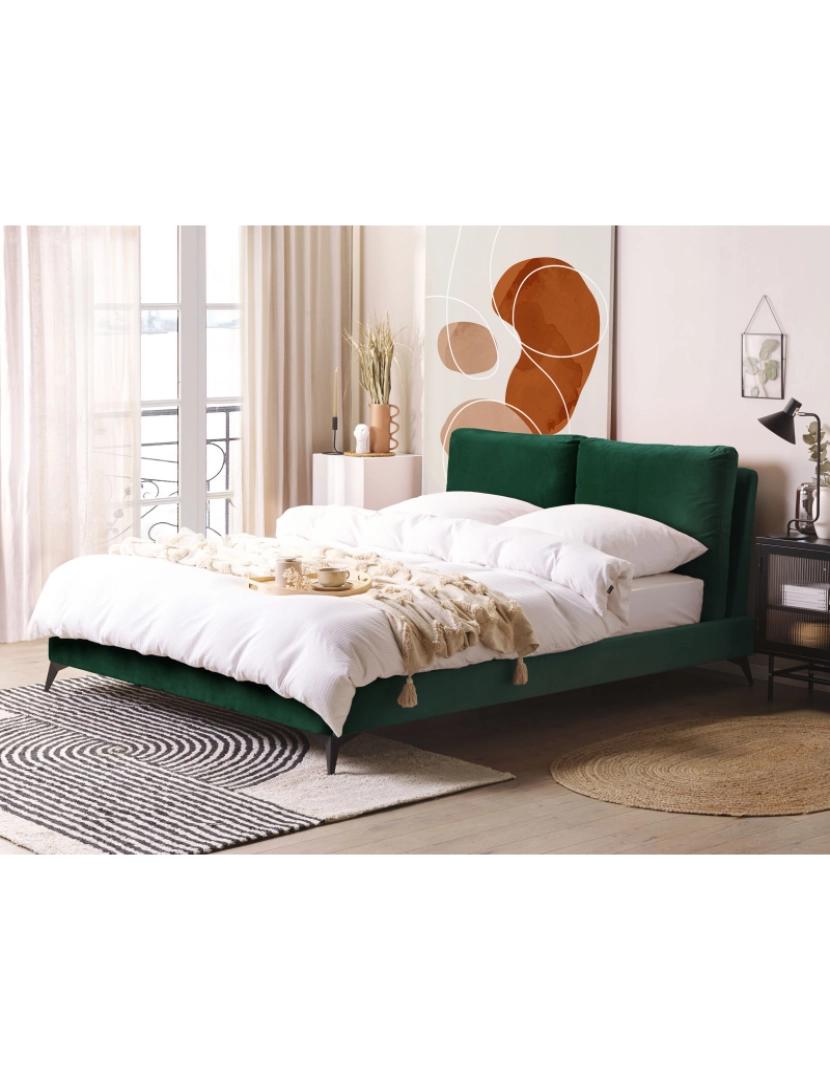 imagem de Cama de casal em veludo verde esmeralda 160 x 200 cm MELLE1