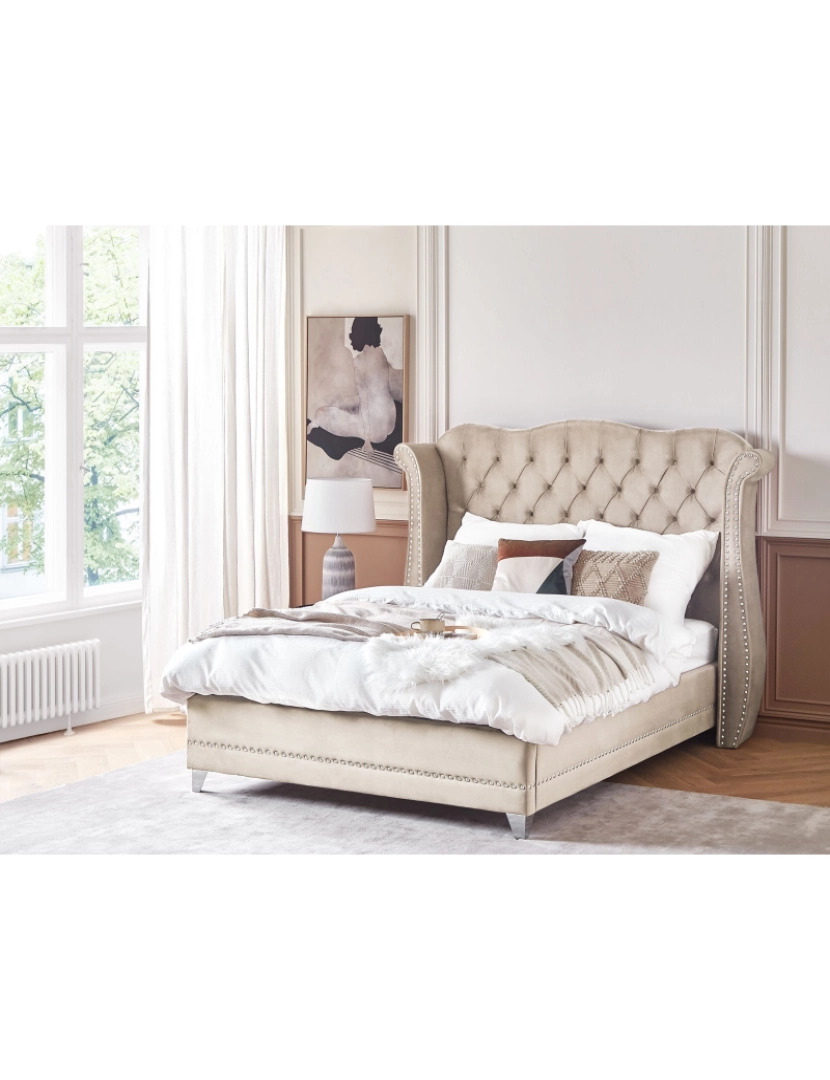 imagem de Cama de casal em veludo creme 140 x 200 cm AYETTE2