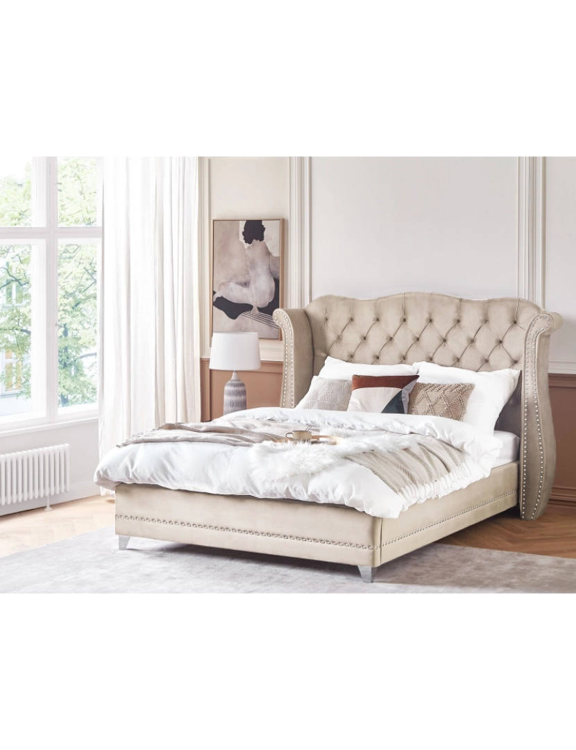 imagem de Cama de casal em veludo creme 180 x 200 cm AYETTE2