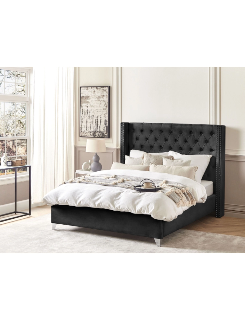 imagem de Cama de casal em veludo preto 160 x 200 cm LUBBON2