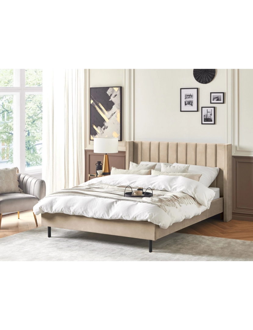 imagem de Cama de casal em veludo creme 160 x 200 cm VILLETTE2