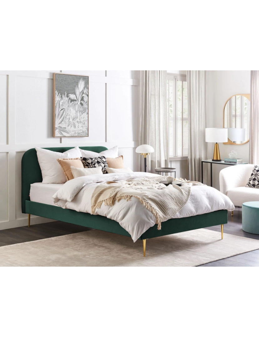 imagem de Cama de casal em veludo verde esmeralda 160 x 200 cm FLAYAT2