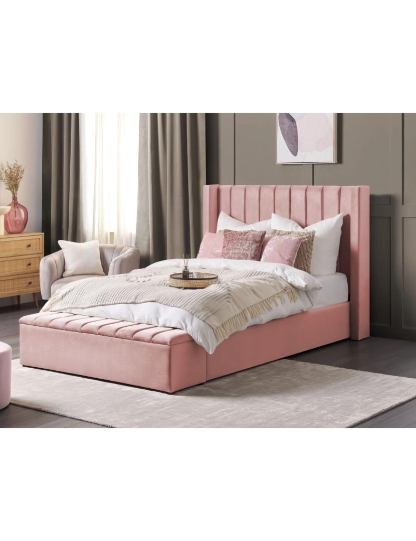 imagem de Cama de casal com arrumação em veludo rosa 140 x 200 cm NOYERS2