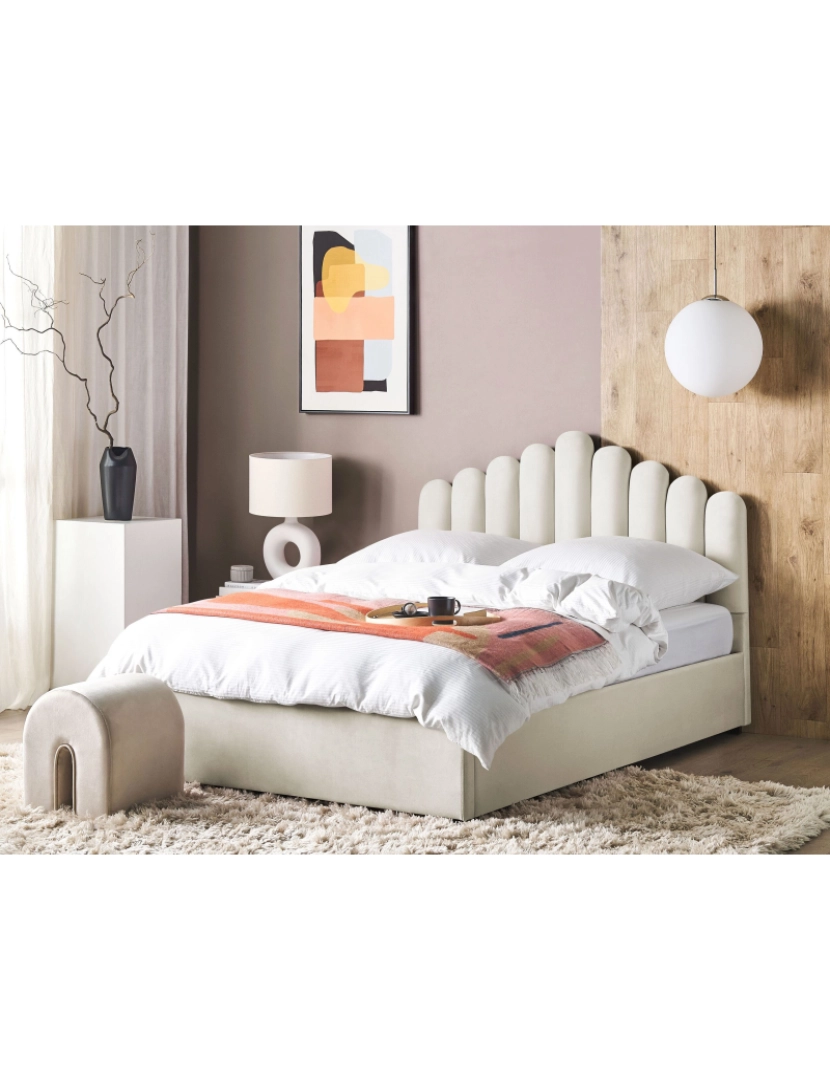 imagem de Cama de casal com arrumação em veludo branco creme 180 x 200 cm VINCENNES2