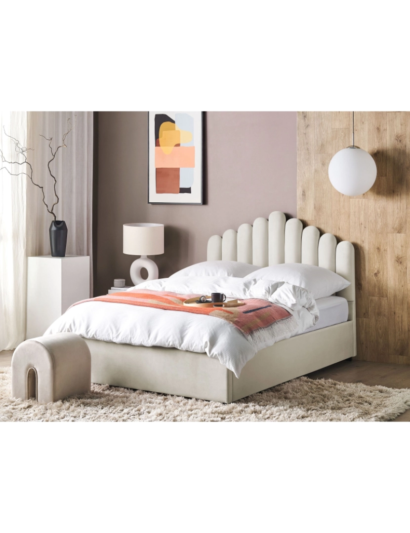 imagem de Cama de casal com arrumação em veludo branco creme 140 x 200 cm VINCENNES2