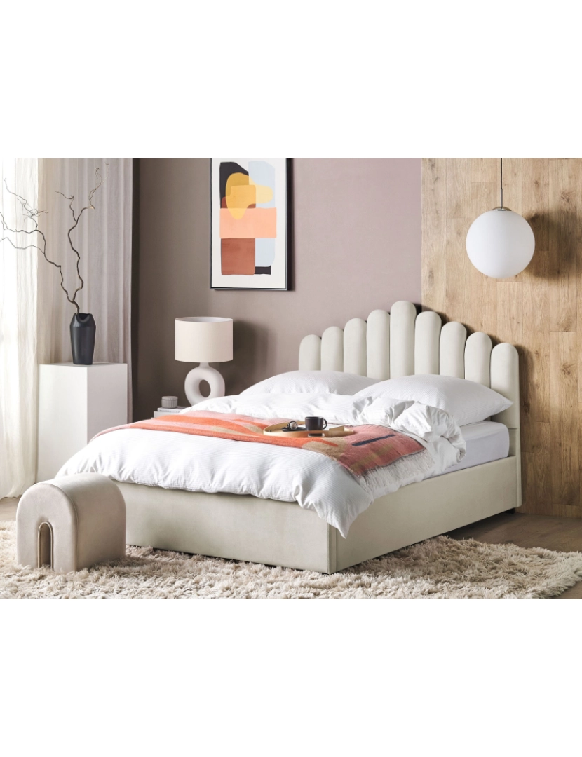 imagem de Cama de casal com arrumação em veludo branco creme 160 x 200 cm VINCENNES2