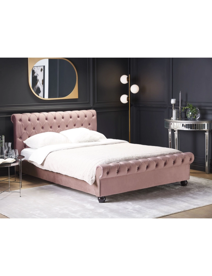 imagem de Cama de casal em veludo rosa 160 x 200 cm AVALLON2