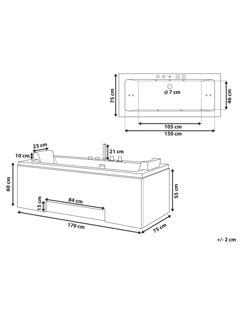 Beliani - Banheira de hidromassagem em acrílico branco com LED 170 x 75 cm GALLEY