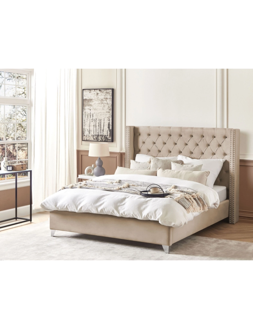 imagem de Cama de casal em veludo creme 180 x 200 cm LUBBON2