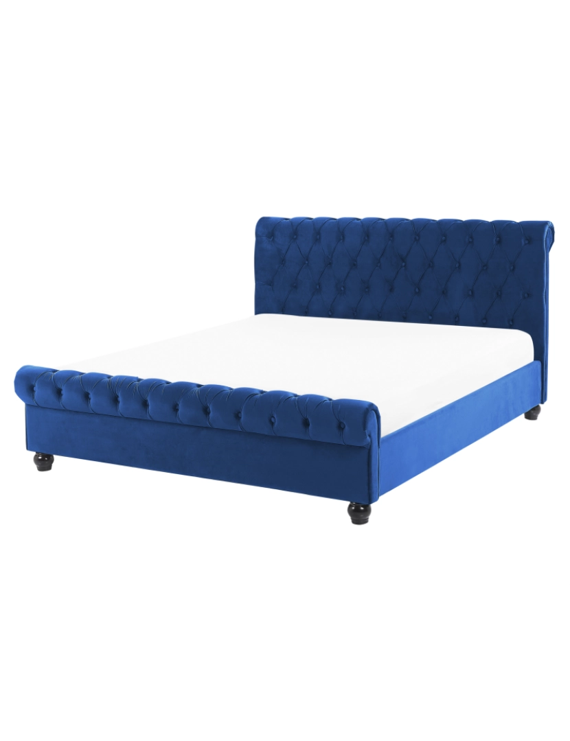 Beliani - Cama de casal em veludo azul marinho 160 x 200 cm AVALLON