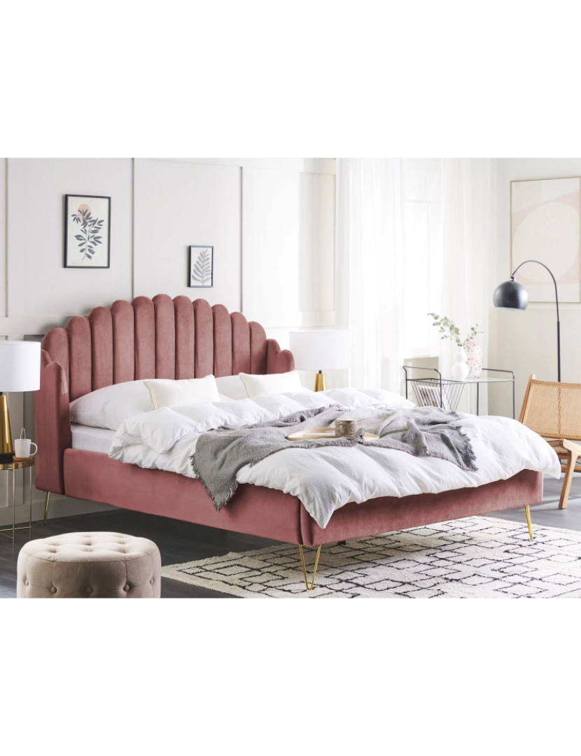 imagem de Cama de casal em veludo rosa 160 x 200 cm AMBILLOU2