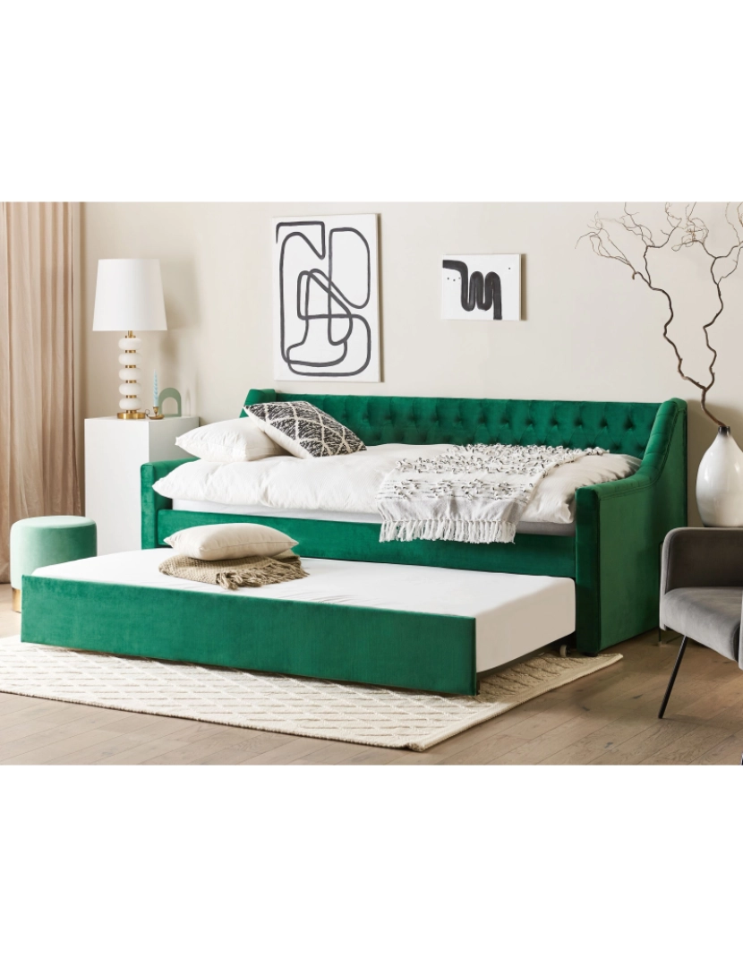 imagem de Cama dupla em veludo verde esmeralda 90 x 200 cm MONTARGIS2