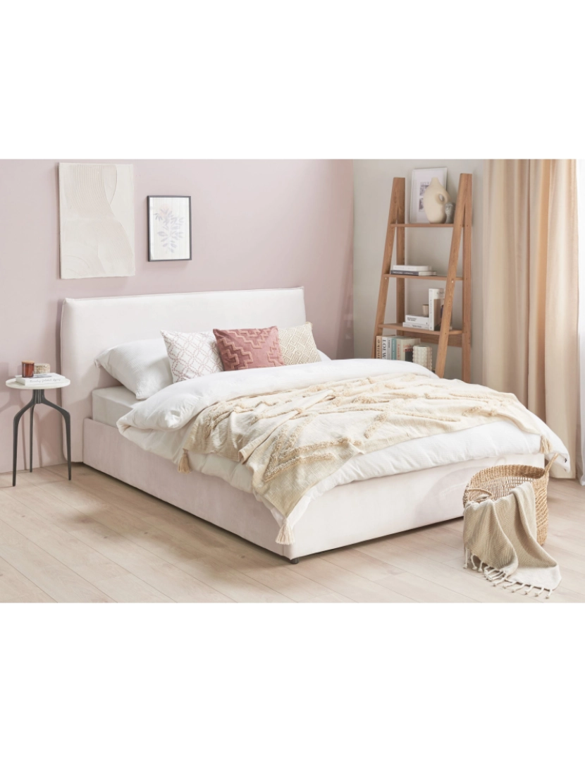 imagem de Cama de casal com arrumação em veludo branco creme 160 x 200 cm LAVAUR2