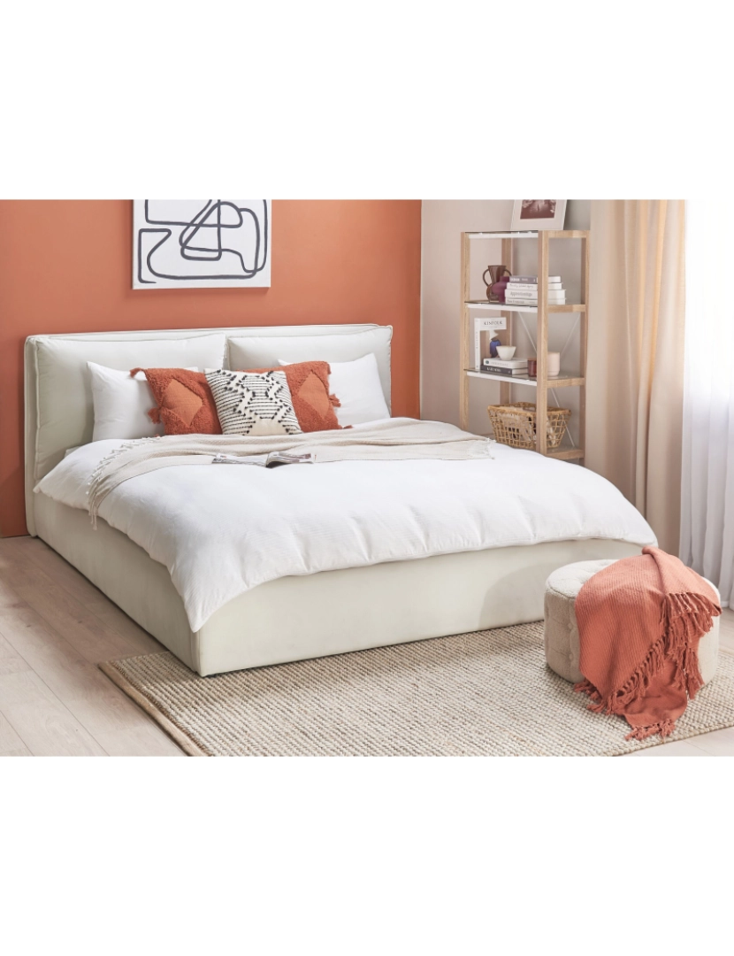 imagem de Cama de casal com arrumação em veludo branco creme 180 x 200 cm BAJONNA2