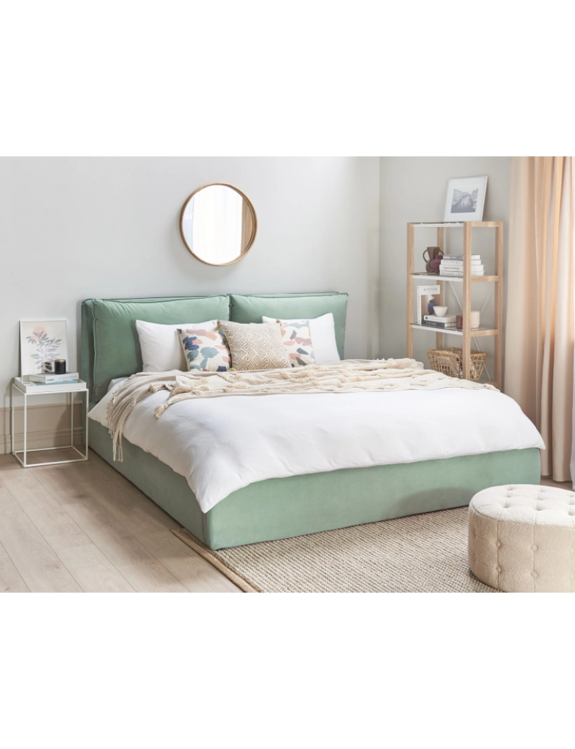 imagem de Cama de casal com arrumação em veludo verde menta 180 x 200 cm BAJONNA2