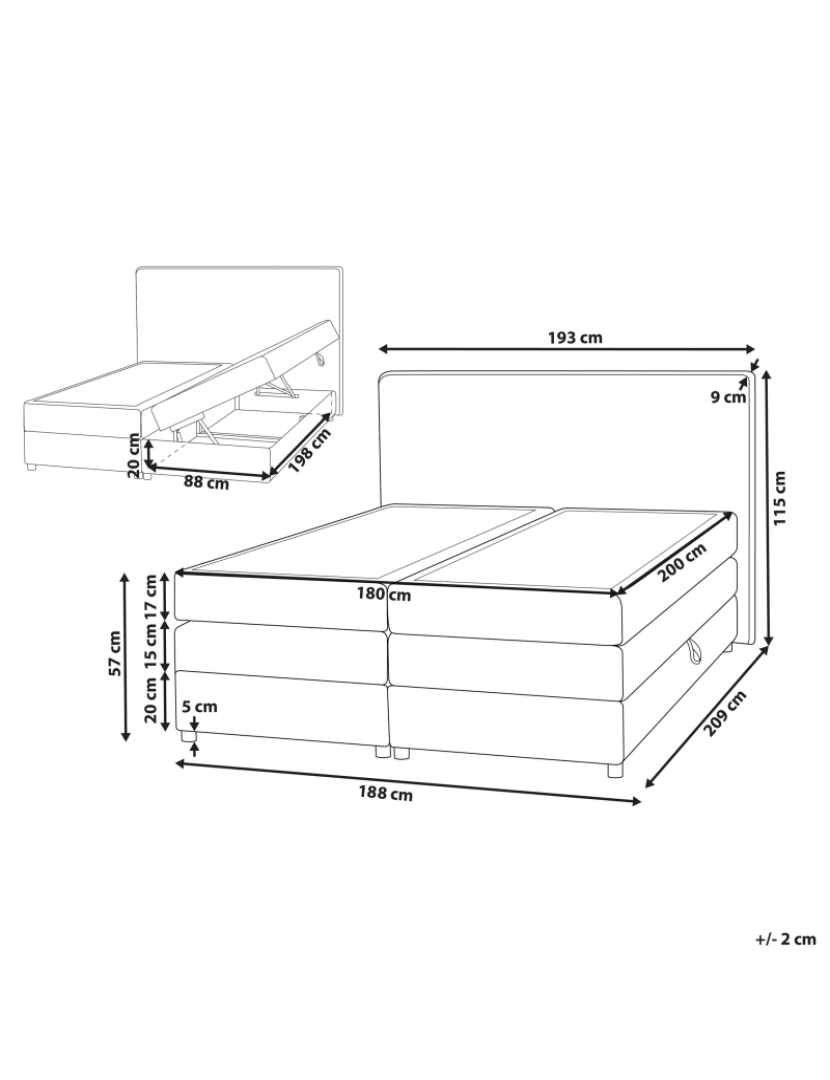 Beliani - Cama de casal continental com arrumação em tecido cinzento claro 180 x 200 cm MINISTER