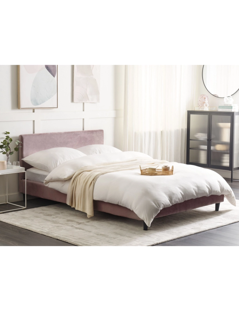 imagem de Cama de casal em veludo rosa 140 x 200 cm FITOU2