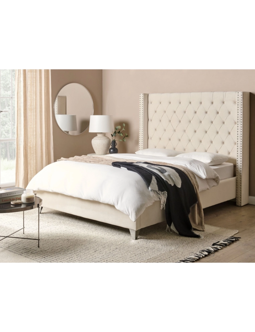 imagem de Cama de casal em veludo branco creme 140 x 200 cm LUBBON2