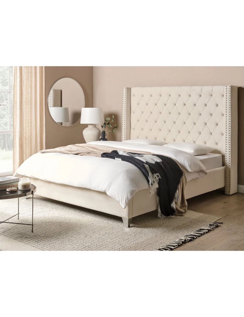 imagem de Cama de casal em veludo branco creme 160 x 200 cm LUBBON2