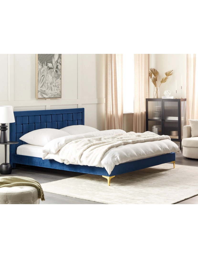 imagem de Cama de casal em veludo azul marinho 180 x 200 cm LIMOUX2