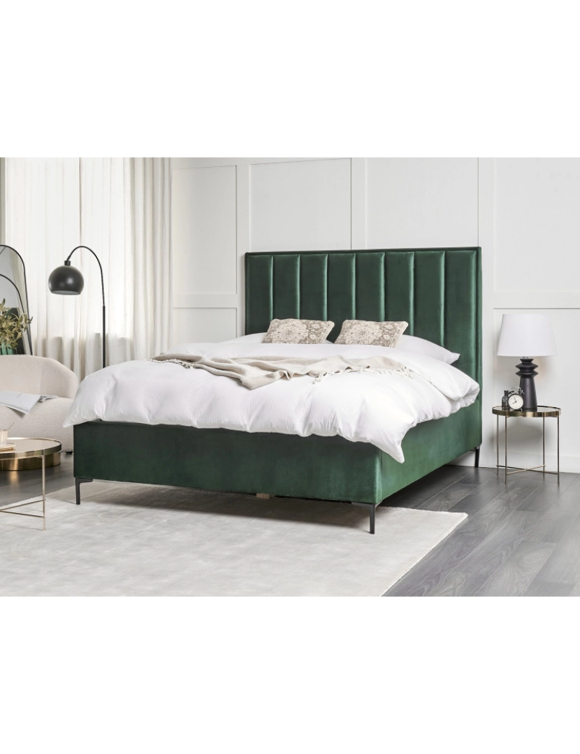 imagem de Cama de casal com arrumação em veludo verde escuro 160 x 200 cm SEZANNE2