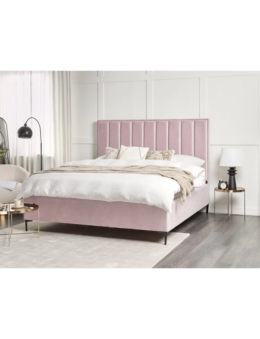 imagem de Cama de casal com arrumação em veludo rosa 180 x 200 cm SEZANNE2