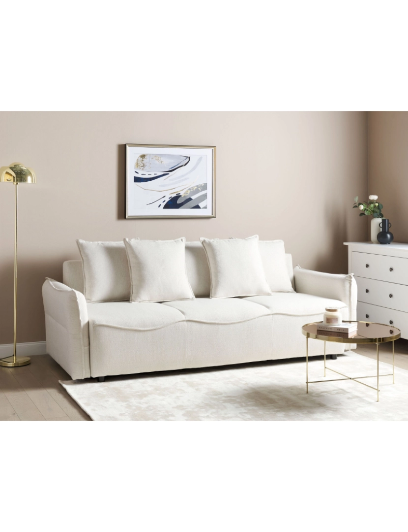 imagem de Sofá-cama 3 lugares com arrumação em tecido branco-creme KRAMA2