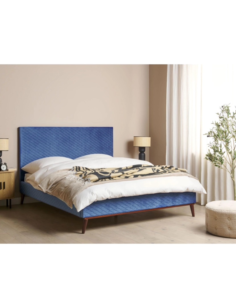 imagem de Cama de casal em veludo azul 160 x 200 cm BAYONNE2