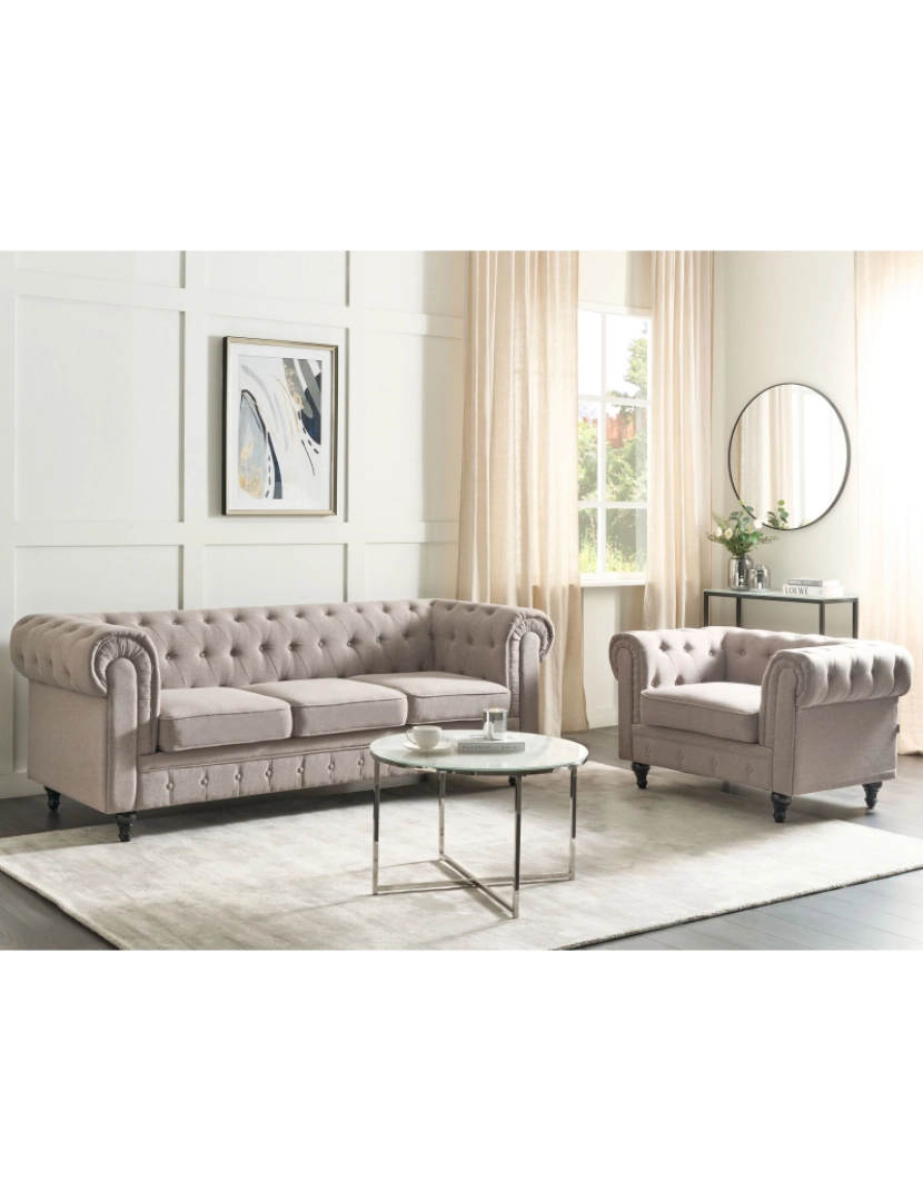 imagem de Conjunto de sofás com 4 lugares em tecido taupe CHESTERFIELD2