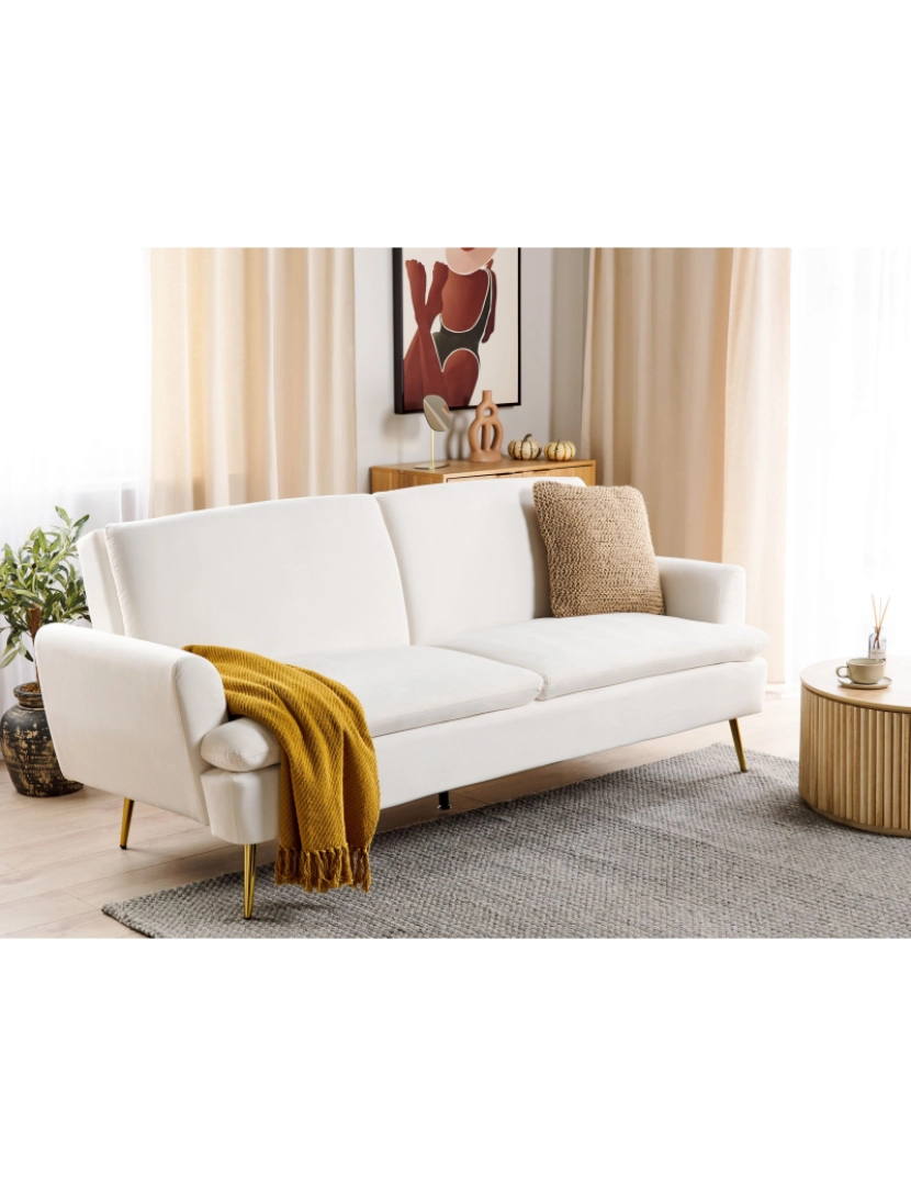 imagem de Sofá-cama de 3 lugares em veludo branco creme VETTRE1