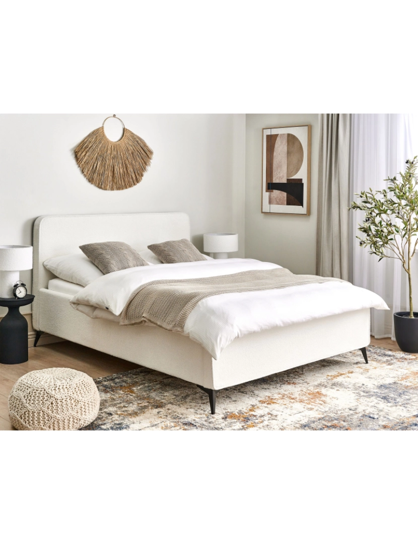 imagem de Cama de casal em tecido bouclé branco-creme 160 x 200 cm VALOGNES2