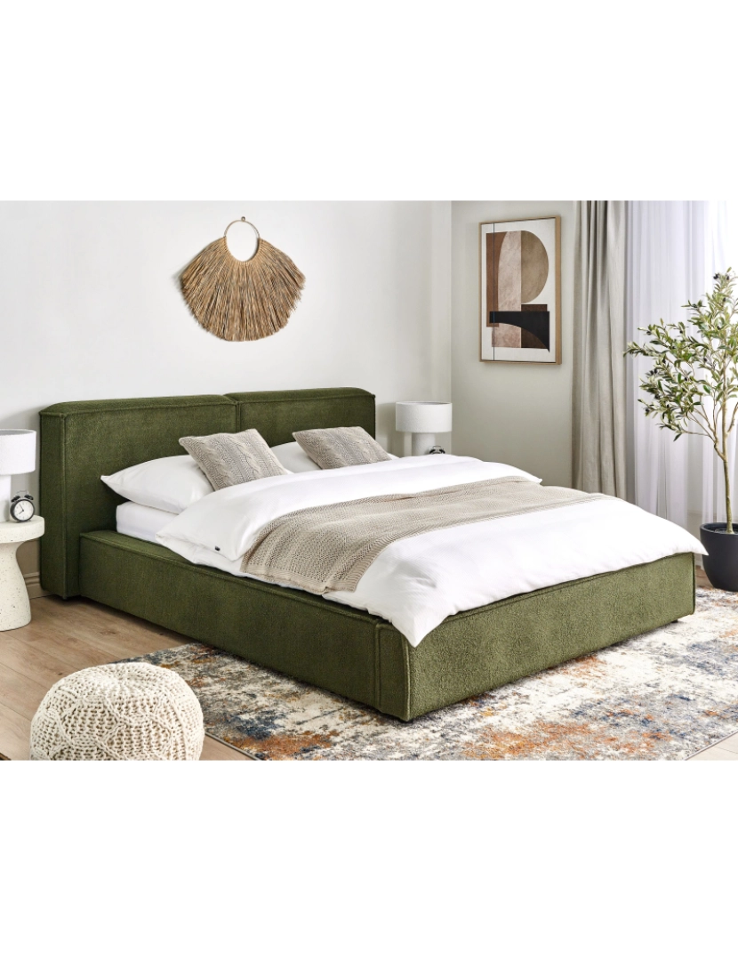 imagem de Cama de casal em tecido bouclé verde escuro 160 x 200 cm LINARDS2