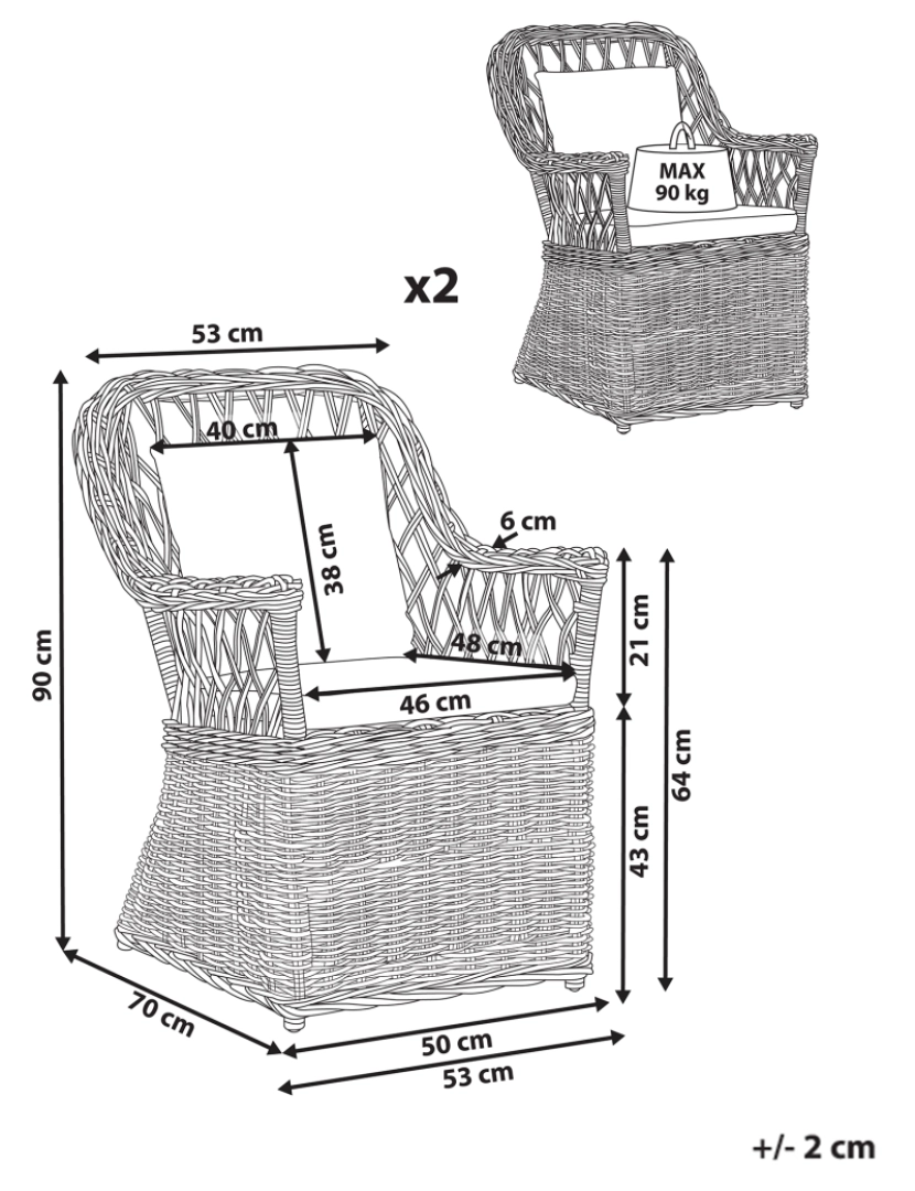 Beliani - Conjunto de 2 cadeiras de jardim em rattan natural com almofadas de algodão para as costas assento creme claro interior exterior