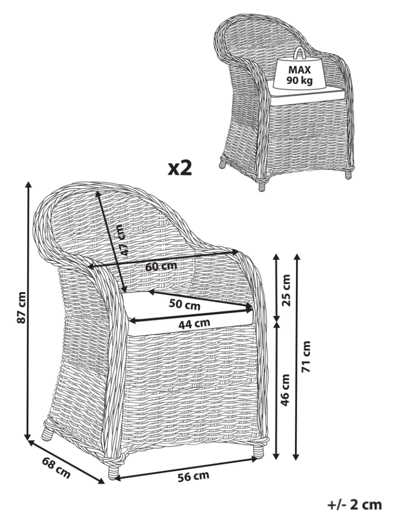 imagem de Conjunto de cadeiras de jardim em rattan natural com almofadas de algodão para as costas assento creme claro interior exterior1