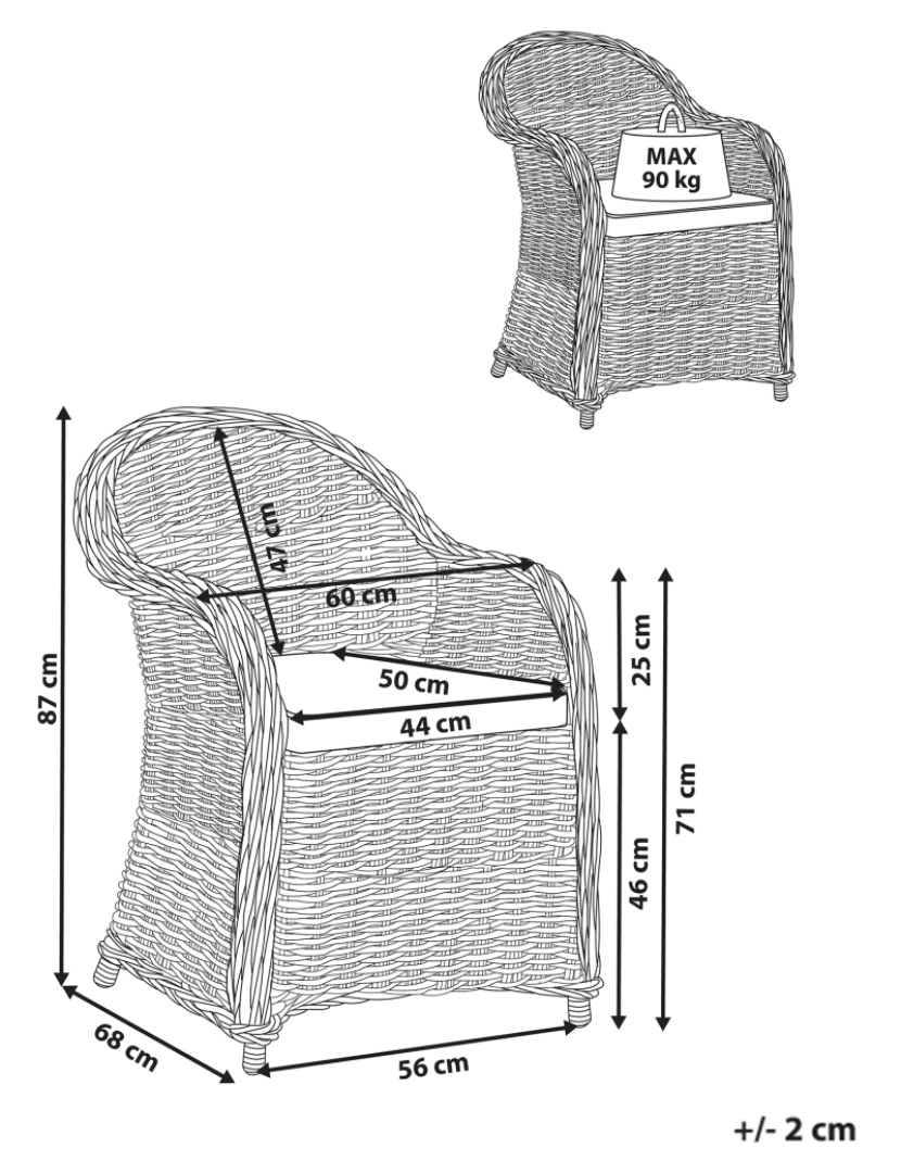 Beliani - Cadeira de jardim em rattan natural com almofada de algodão para as costas assento creme claro interior exterior