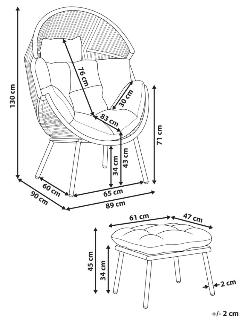 Beliani - Poltrona de jardim em rattan natural com apoio para os pés almofadas para as costas assento em algodão branco interior e exterior