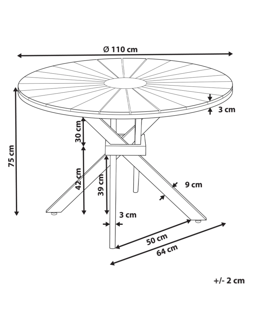 imagem de Mesa de refeições de jardim em madeira clara de acácia tampo redondo 110 cm design ripado para interior e exterior1