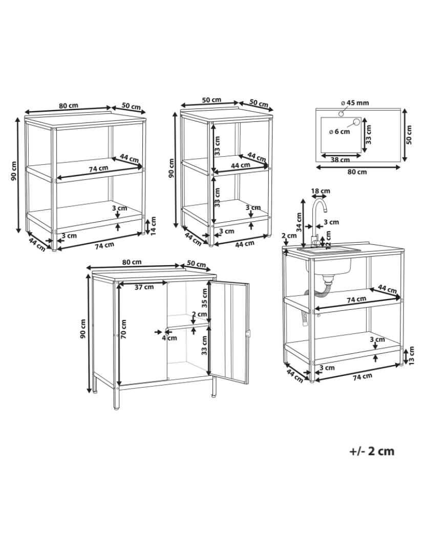 Beliani - Conjunto de 4 armários 3 ilhas de cozinha com lavatório para exterior em aço preto para ilha de cozinha exterior